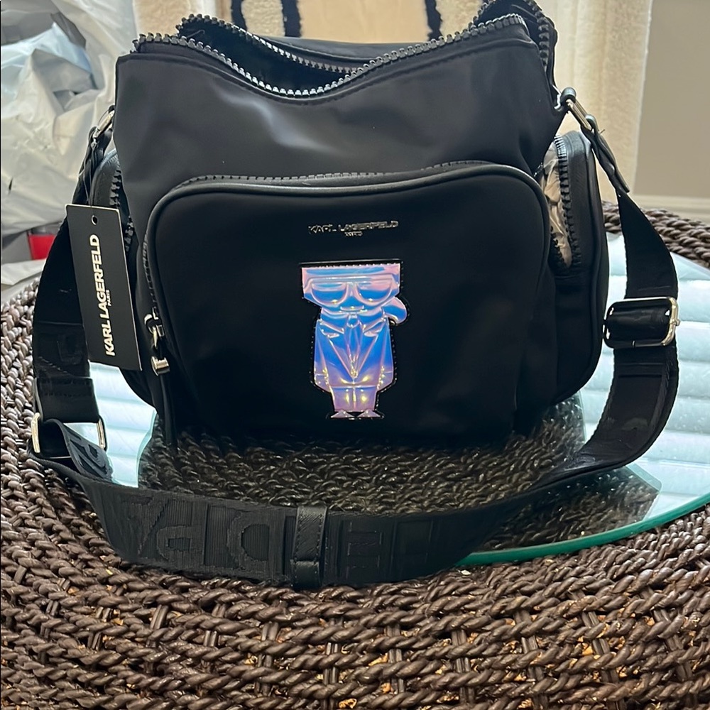 NWT Karl Lagerfeld Black Belt Bag with Purple Accent